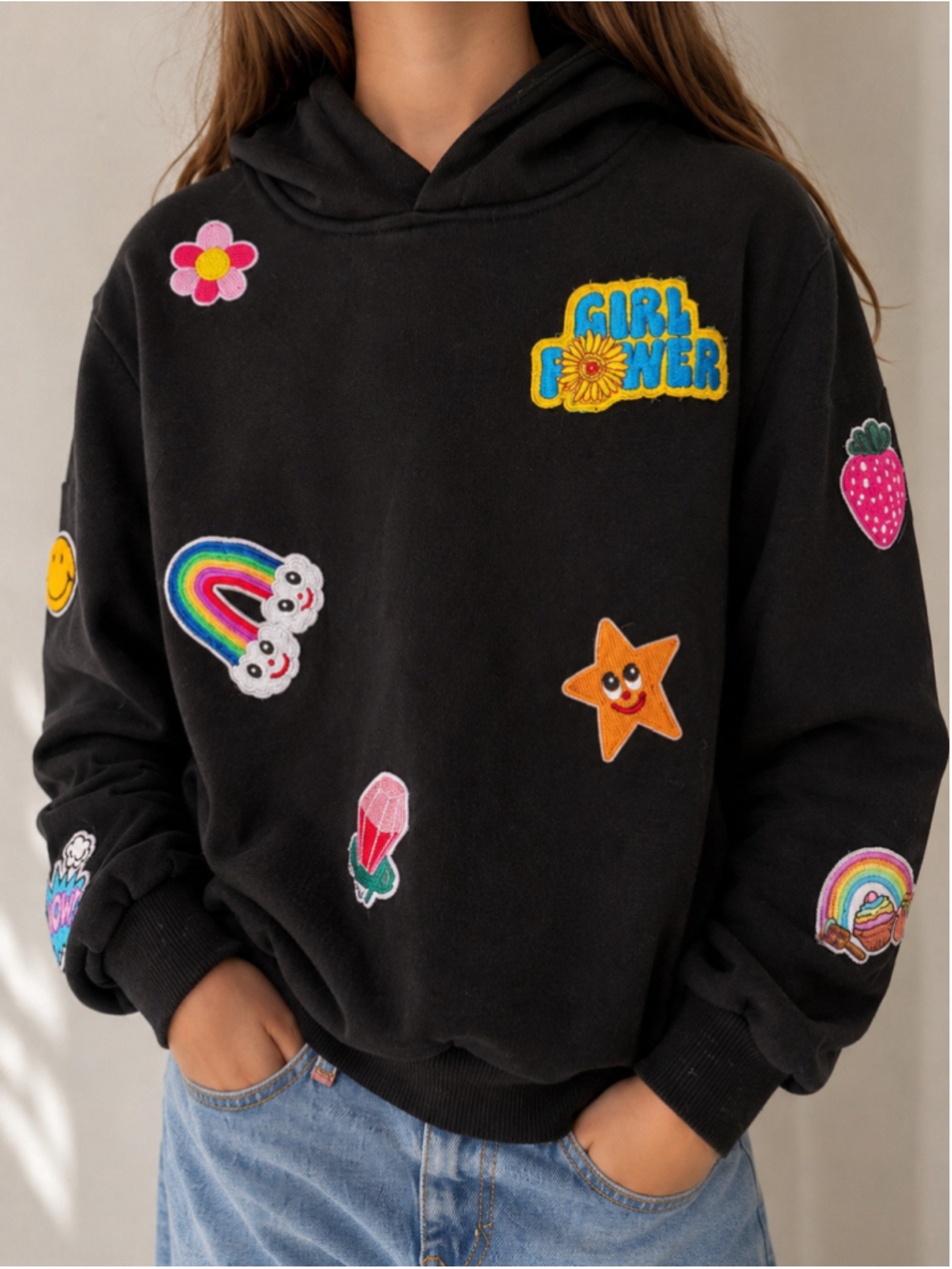 Lola + The Boys Girl Power Patch Hoodie Black Girls Size 10